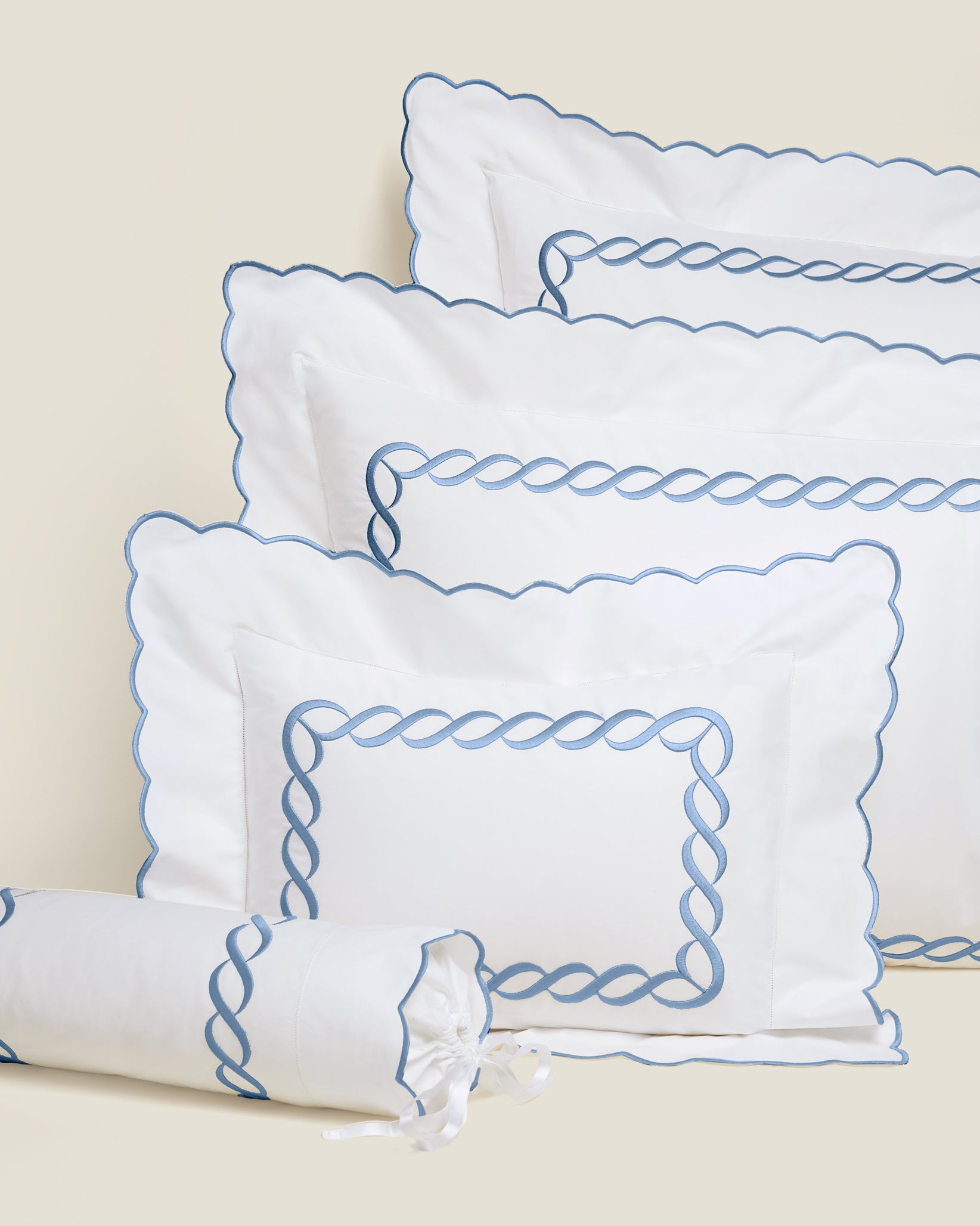 Treccia white/medium blue queen, standard, boudoir and neckroll sham