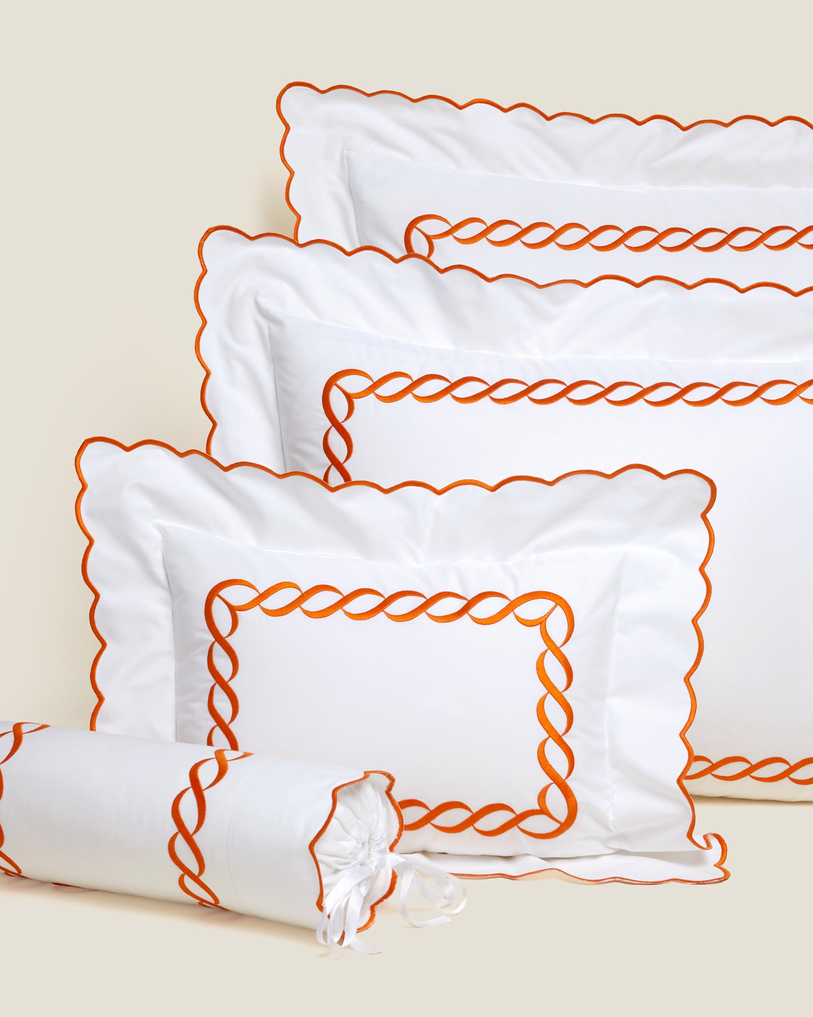 Treccia white/orange queen, standard, boudoir and neckroll sham