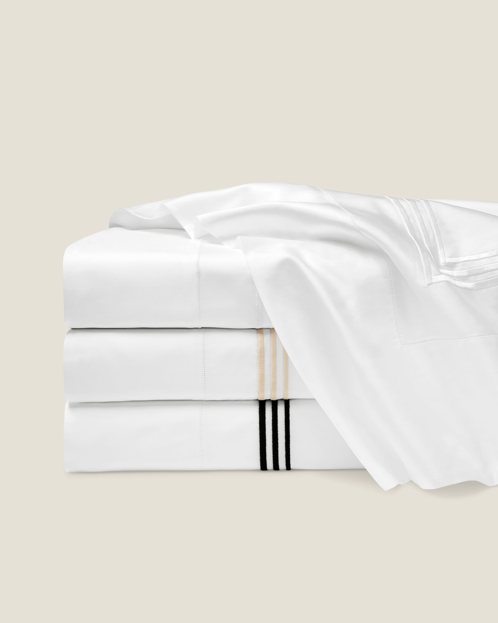 Tre Righe Splendore flat sheet stack in white/white. white/beige and white/black